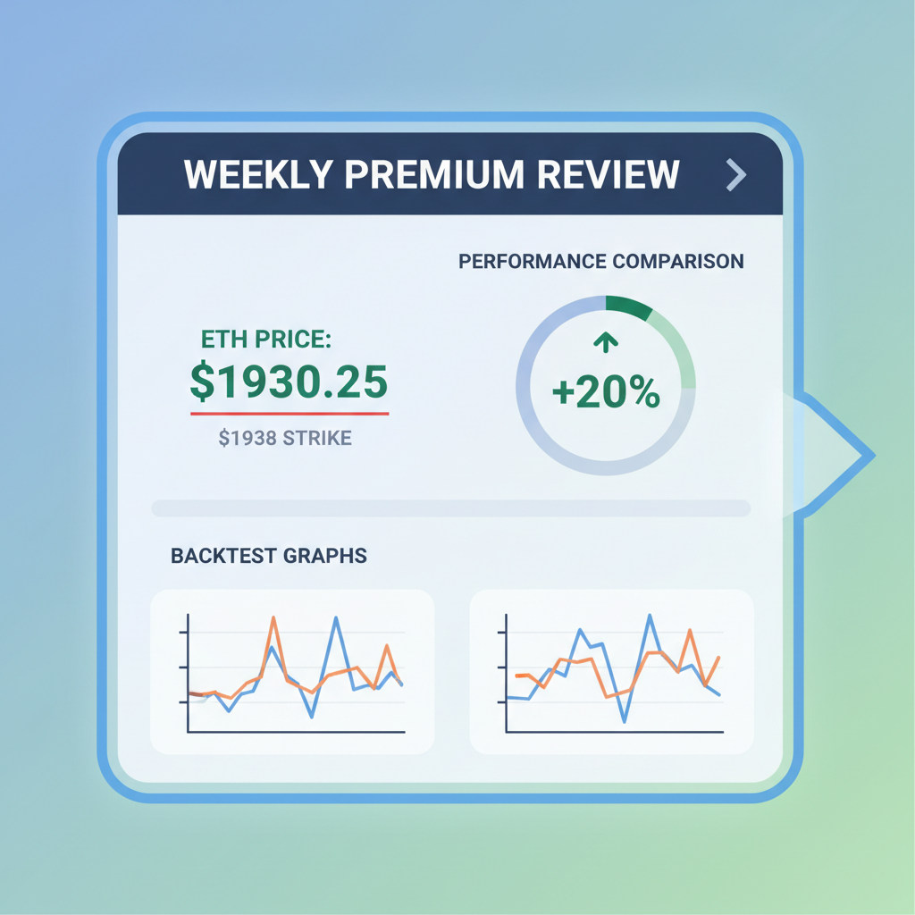 weekly premium review screen, ETH price below strike line $1938, performance comparison chart +20%, backtest graphs