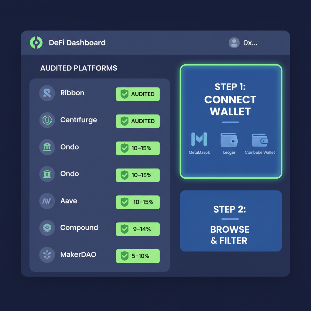 sleek DeFi dashboard listing audited platforms like Ribbon with RWA icons from Centrifuge Ondo, green yield badges 8-15%, futuristic UI