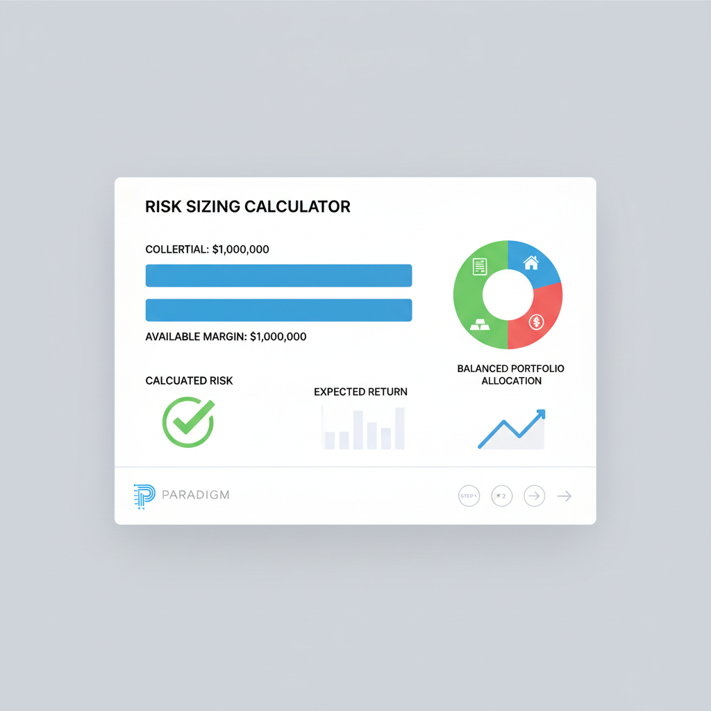 risk sizing calculator interface, collateral bars full, Paradigm logo hint, balanced portfolio chart