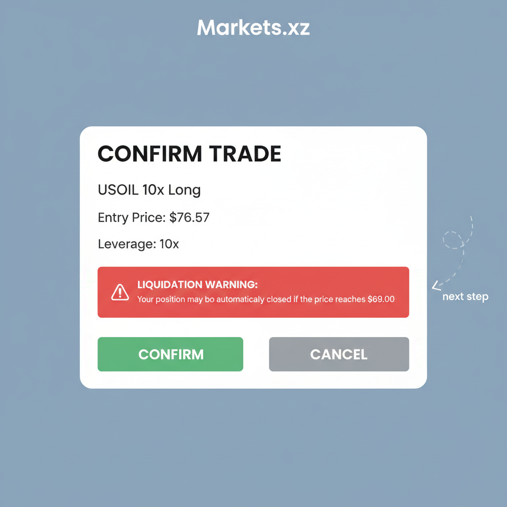 Markets.xyz confirm trade modal for USOIL 10x long, $76.57 entry, liquidation warning