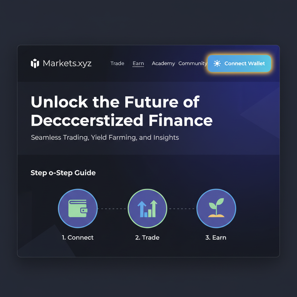 clean screenshot of Markets.xyz homepage with Solana wallet connect button highlighted, modern dark UI