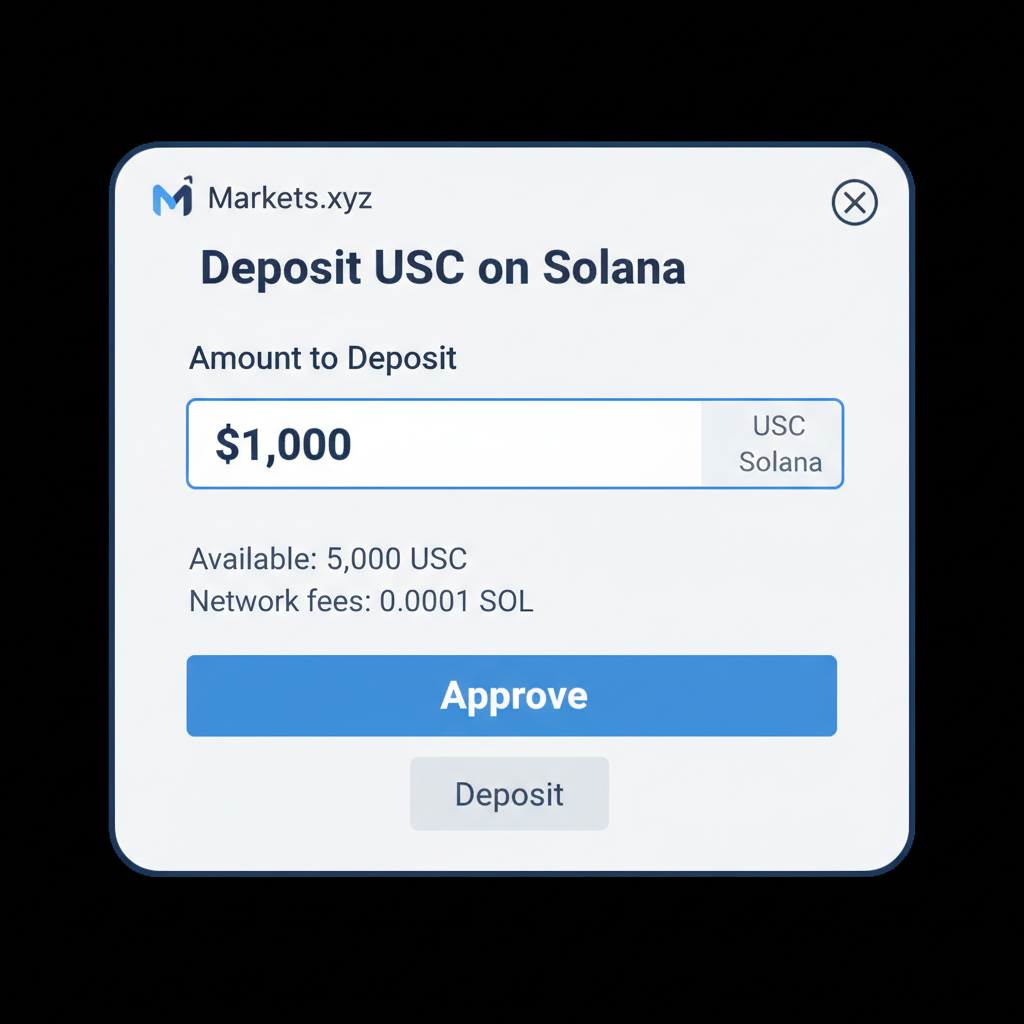 screenshot Markets.xyz deposit USDC Solana modal, input field with $1000 example, approve button