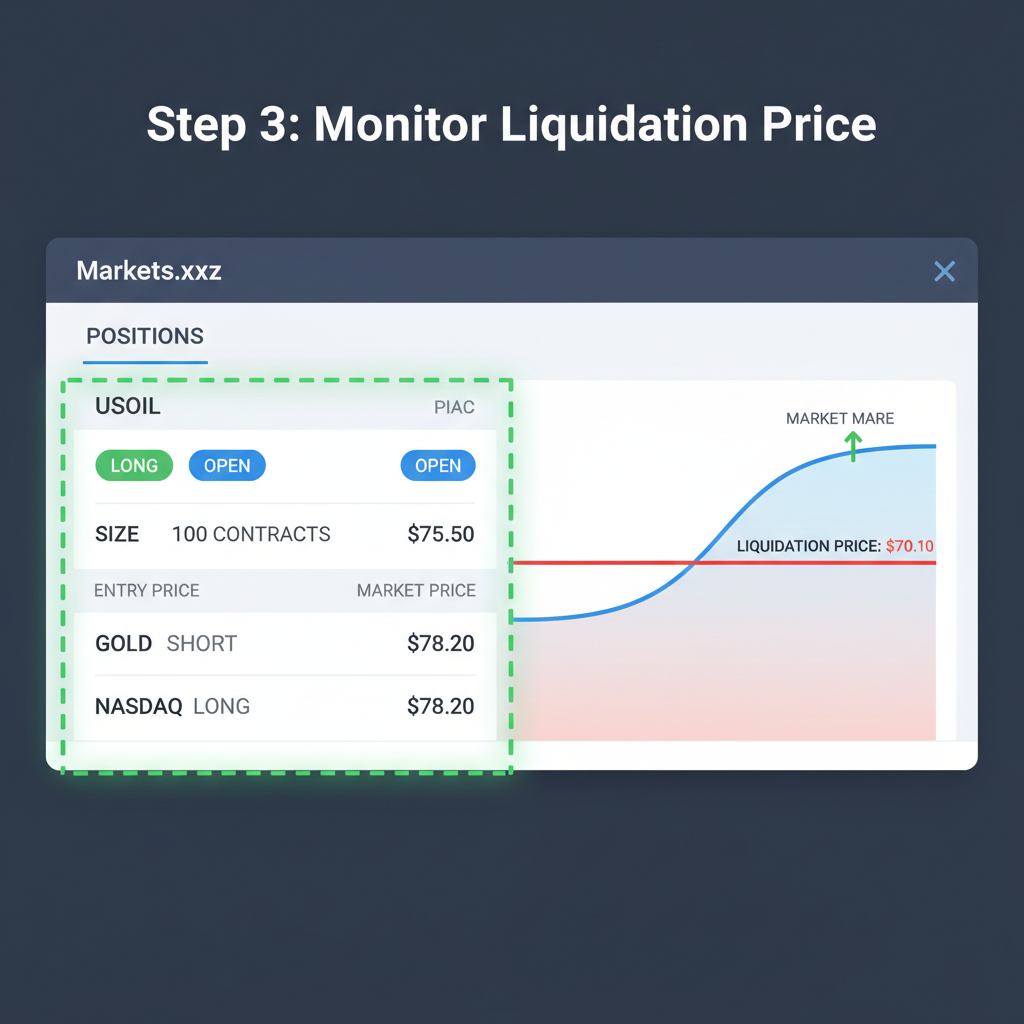 Markets.xyz dashboard positions tab, USOIL long open with liquidation price chart highlighted