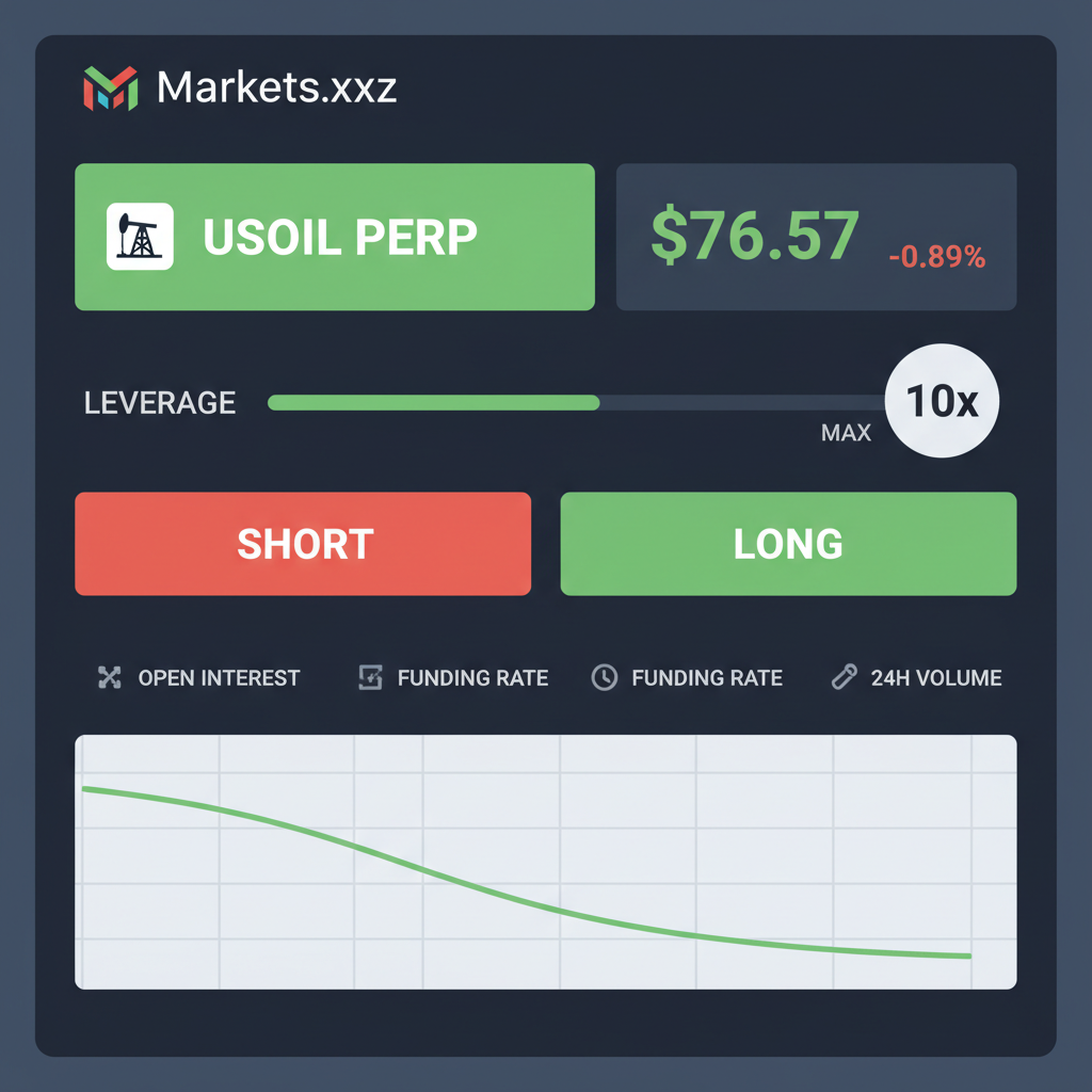 Markets.xyz trading dashboard screenshot, USOIL perp selected, 10x leverage slider at max, price $76.57