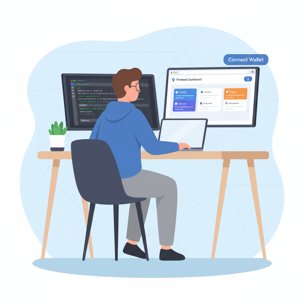 developer setting up CLI terminal with thirdweb dashboard open