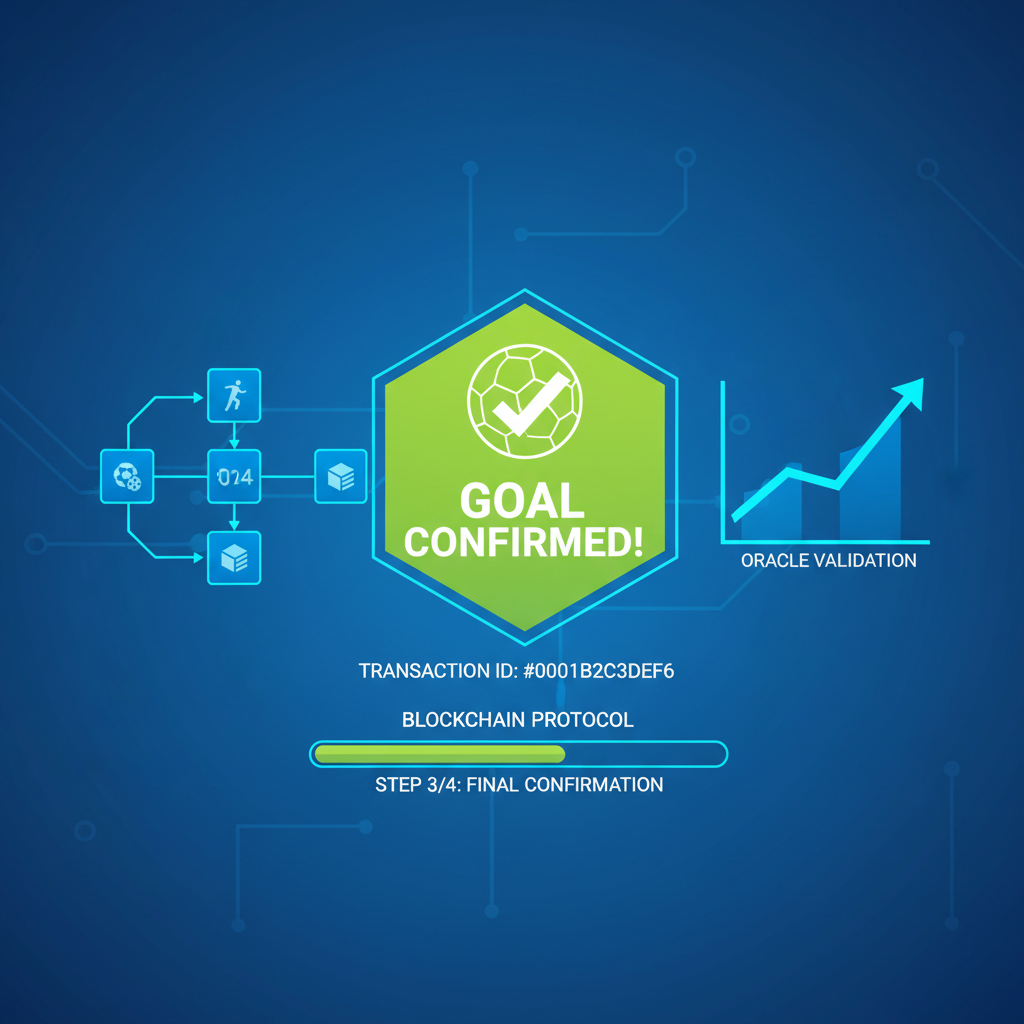 digital oracle confirming soccer goal on blockchain dashboard, futuristic UI