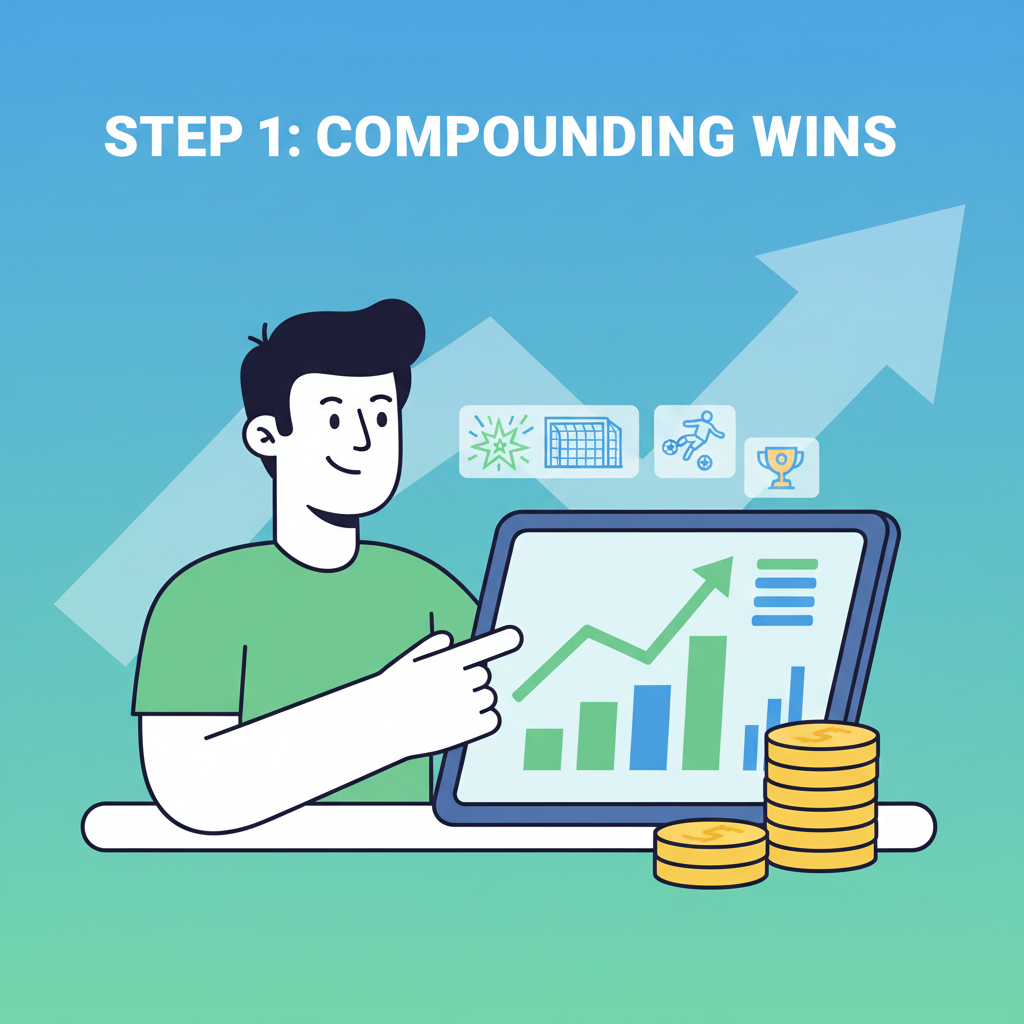 successful bettor compounding wins on crypto chart, soccer highlights overlay