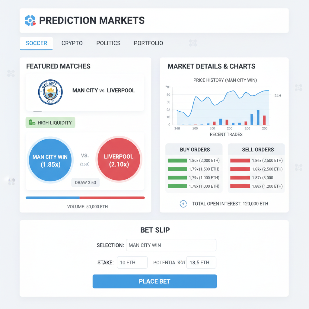 blockchain prediction market interface showing high liquidity soccer bet, charts and volumes