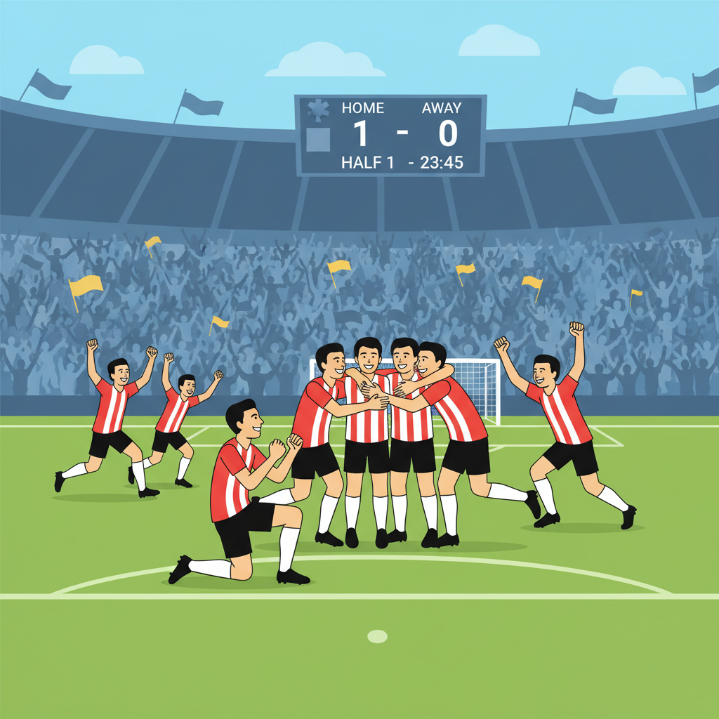 soccer favorites team celebrating first half goal, stadium crowd, dynamic action shot