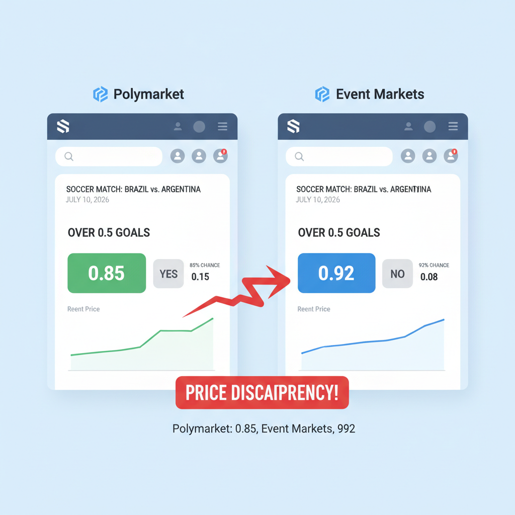 Screenshot of Polymarket and Event Markets interfaces side-by-side showing Over 0.5 Goals odds for a soccer match, highlighting price discrepancy, clean UI, 2026 style