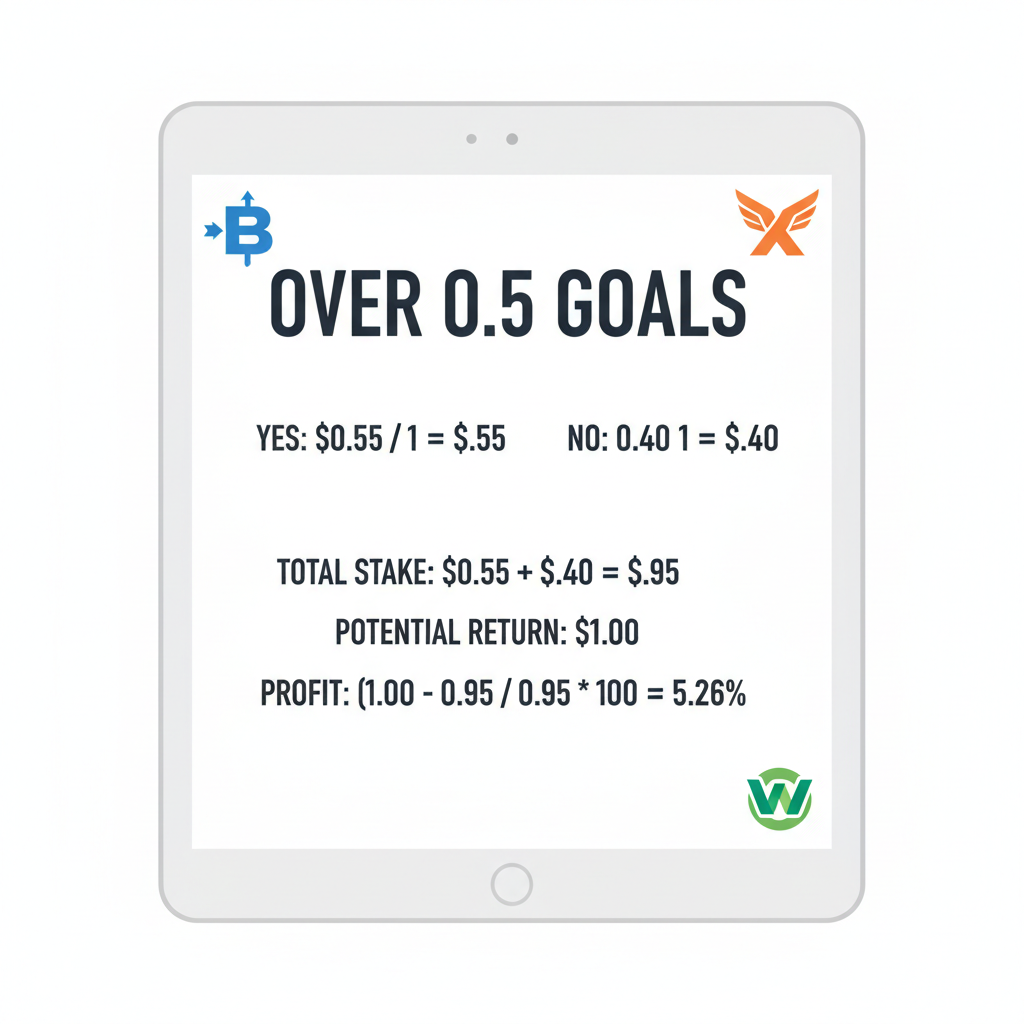 Close-up screenshot calculator showing arbitrage math for Over 0.5 Goals, Yes $0.55 No $0.40, profit 5%, with platform logos
