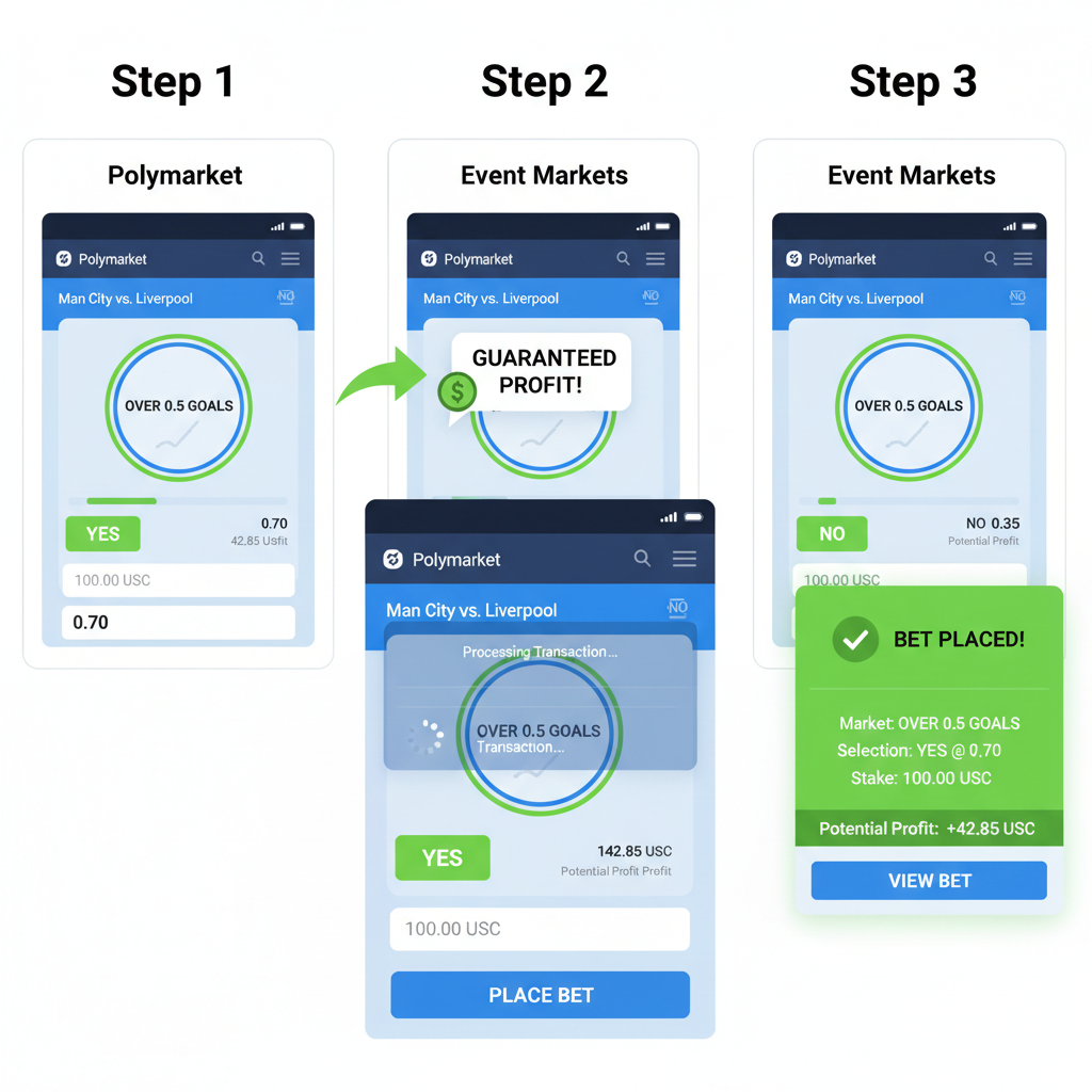 Screenshot sequence of placing bets on Polymarket and Event Markets for Over 0.5 Goals arb, confirmation screens, green profit indicator
