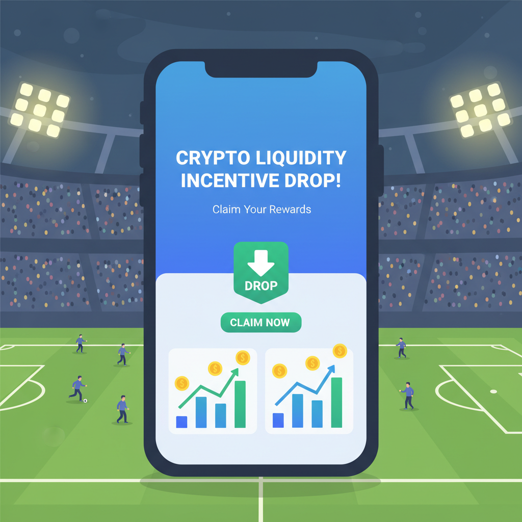 crypto liquidity incentive drop notification on trading app, soccer match background