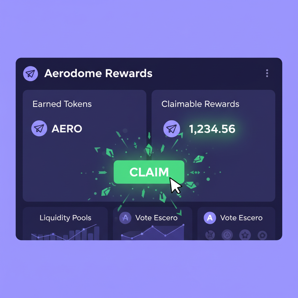 user claiming glowing AERO tokens from Aerodrome rewards interface, crypto dashboard with claim button highlighted, vibrant green rewards animation