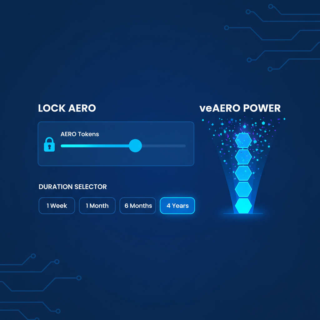 locking AERO tokens slider with duration selector in Aerodrome, veAERO power gauge filling up, energetic particle effects, blue neon glow