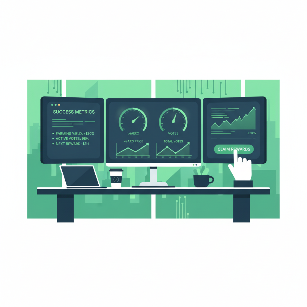 Aerodrome dashboard monitoring veAERO and votes, real-time charts with upward trends, crypto farmer workstation, motivational green success metrics