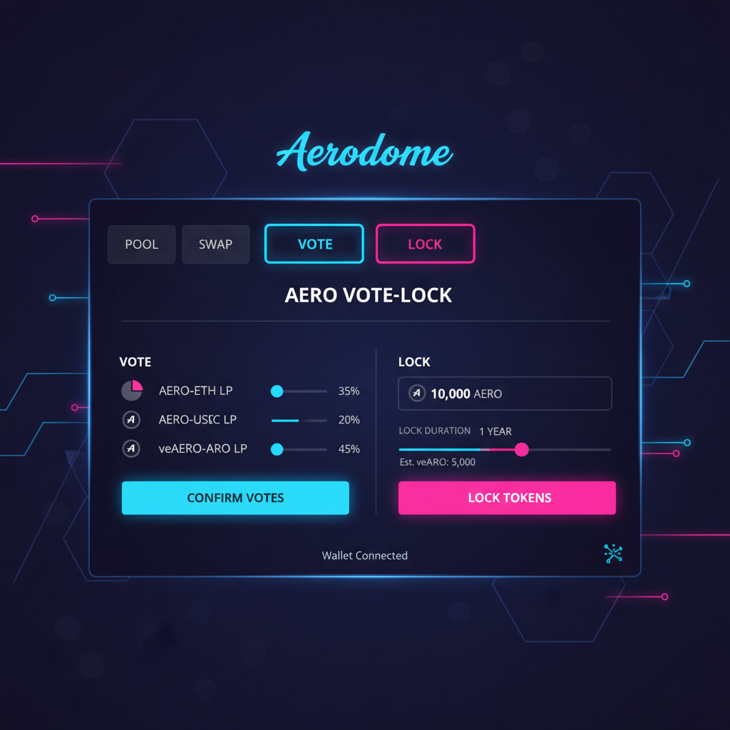 Aerodrome vote-lock interface screenshot, vote and lock tabs highlighted, modern DeFi UI with AERO token icons, dark mode cyberpunk style