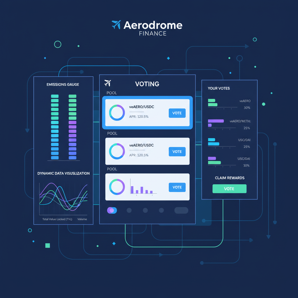 voting interface on Aerodrome with pool charts and vote buttons, bar graphs of emissions, dynamic data viz, high-energy DeFi trading scene