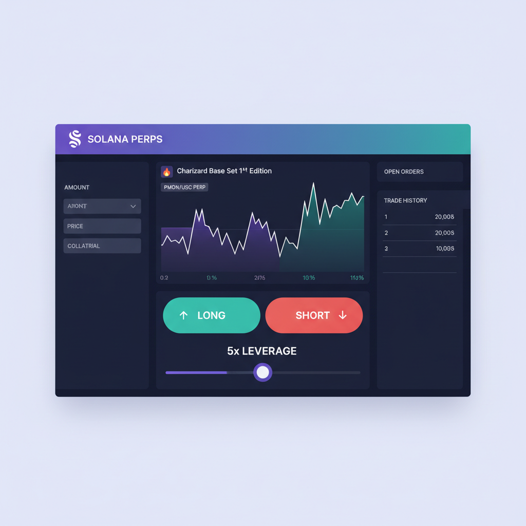 Perpetuals trading interface on Solana, long/short buttons, leverage slider at 5x, Pokémon card price chart