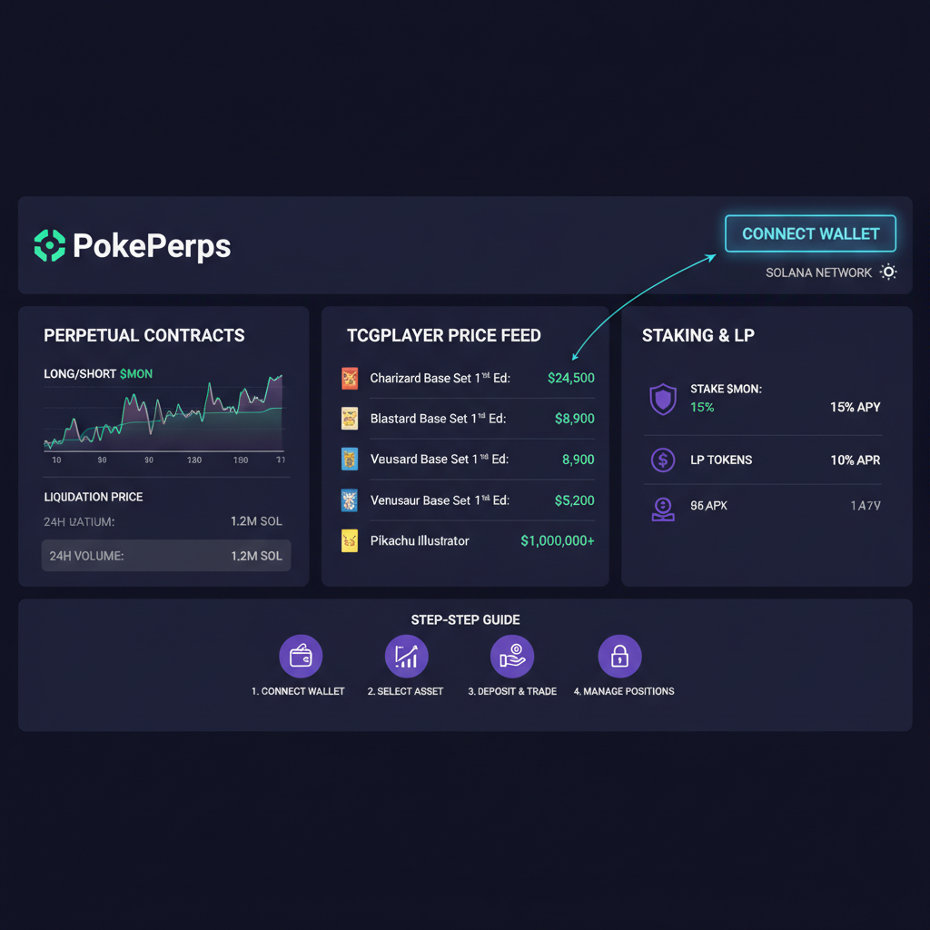 Screenshot-style image of PokePerps dashboard on Solana, wallet connect button glowing, TCGPlayer price feed visible