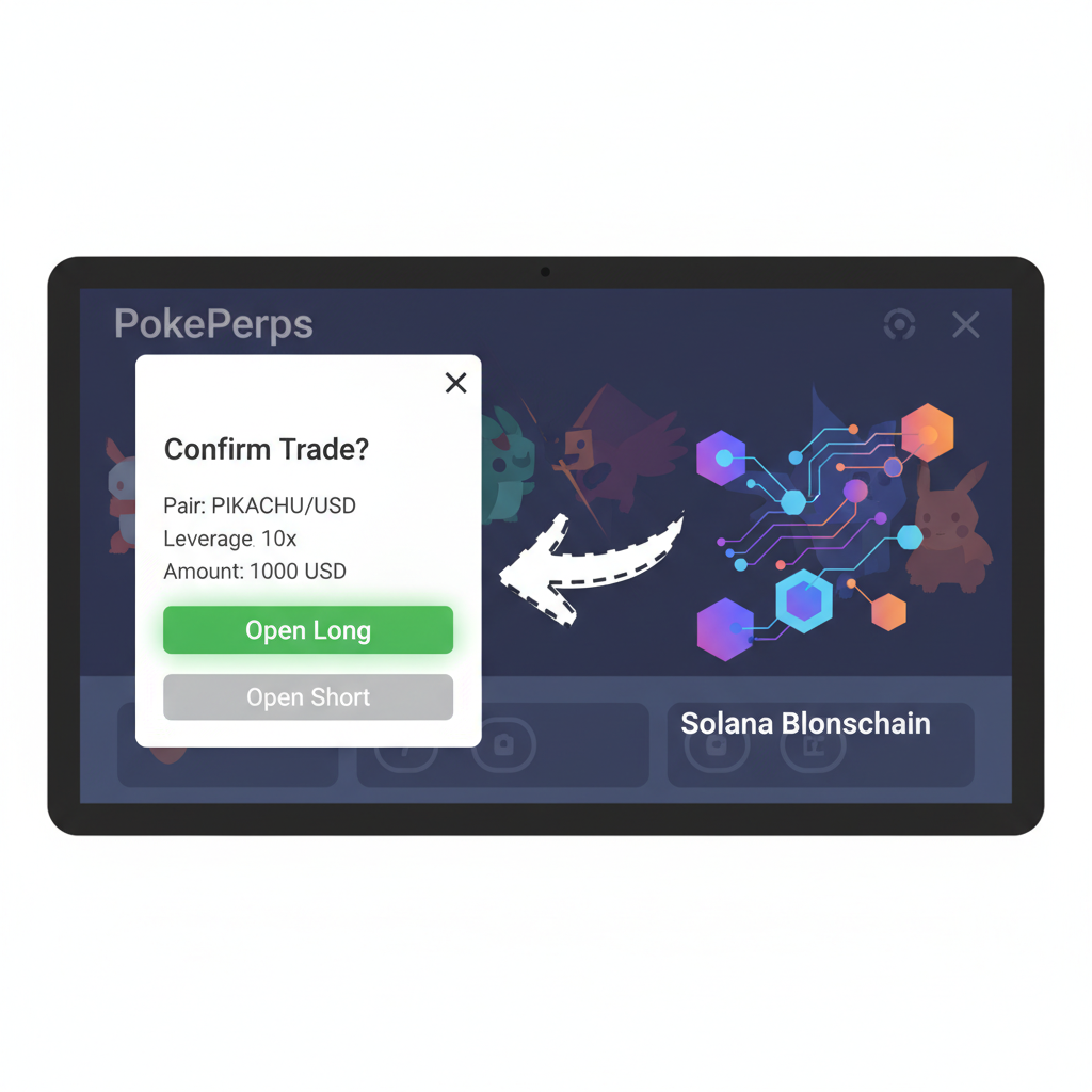 Action shot of confirming trade on PokePerps, green 'Open Long' button pressed, Solana blockchain animation