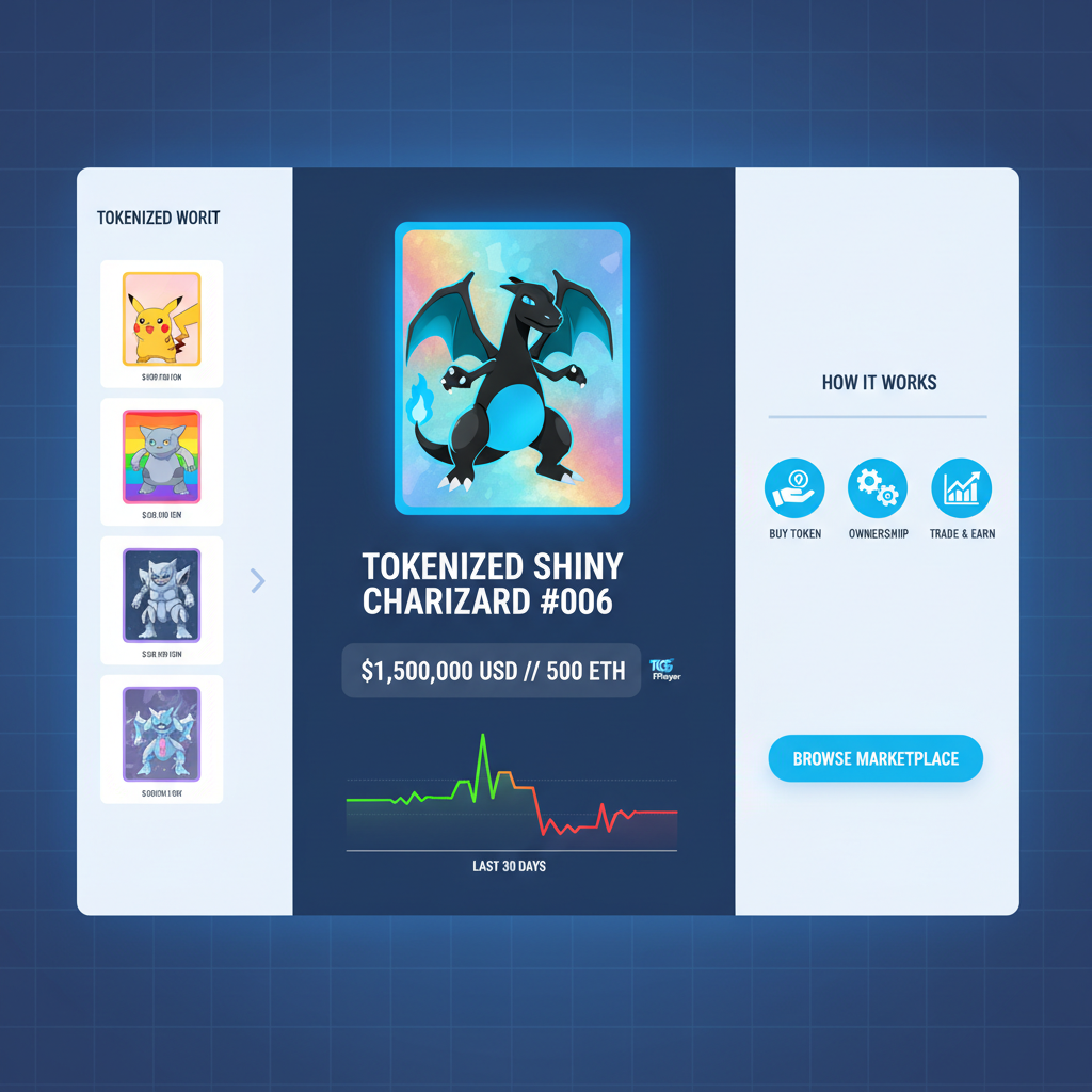 Vibrant digital marketplace interface showing tokenized Pokémon cards like shiny Charizard, price charts from TCGPlayer