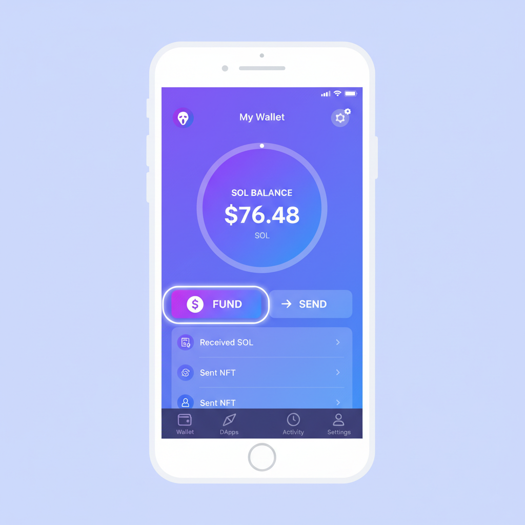 Clean illustration of Phantom Solana wallet app on mobile, showing SOL balance at $76.48, funding button highlighted