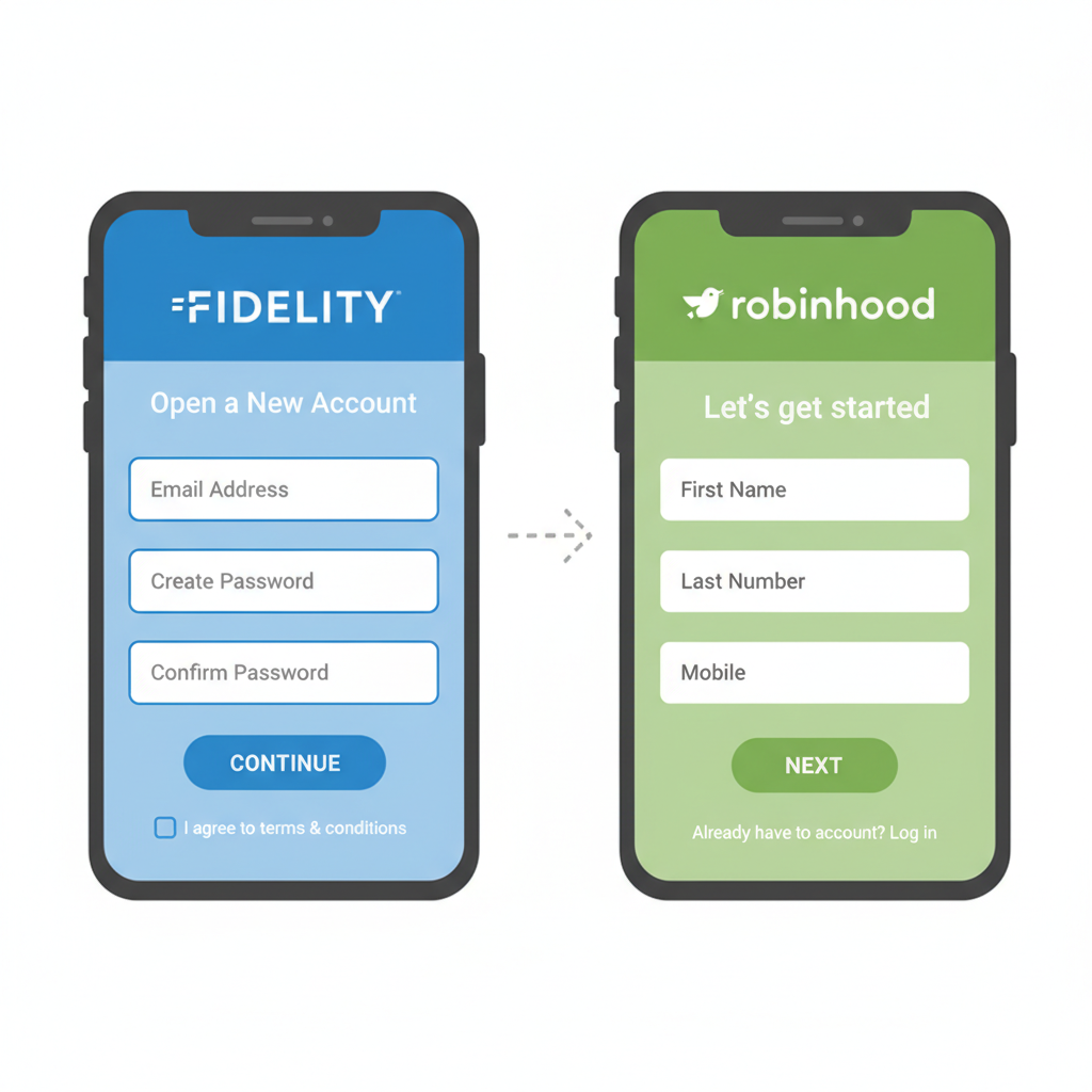 clean illustration of smartphone apps for Fidelity and Robinhood brokerage signup screens