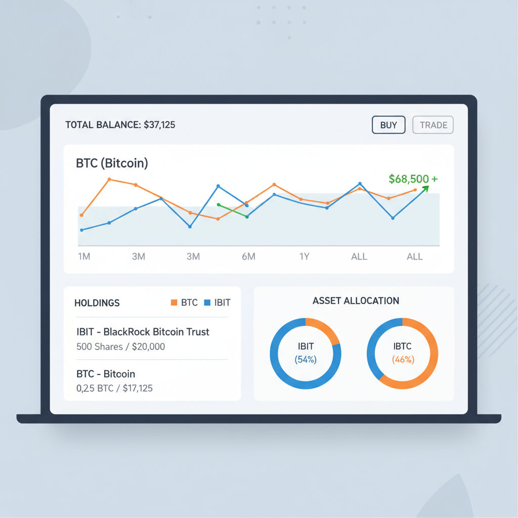 dashboard view of portfolio with IBIT holdings and BTC chart