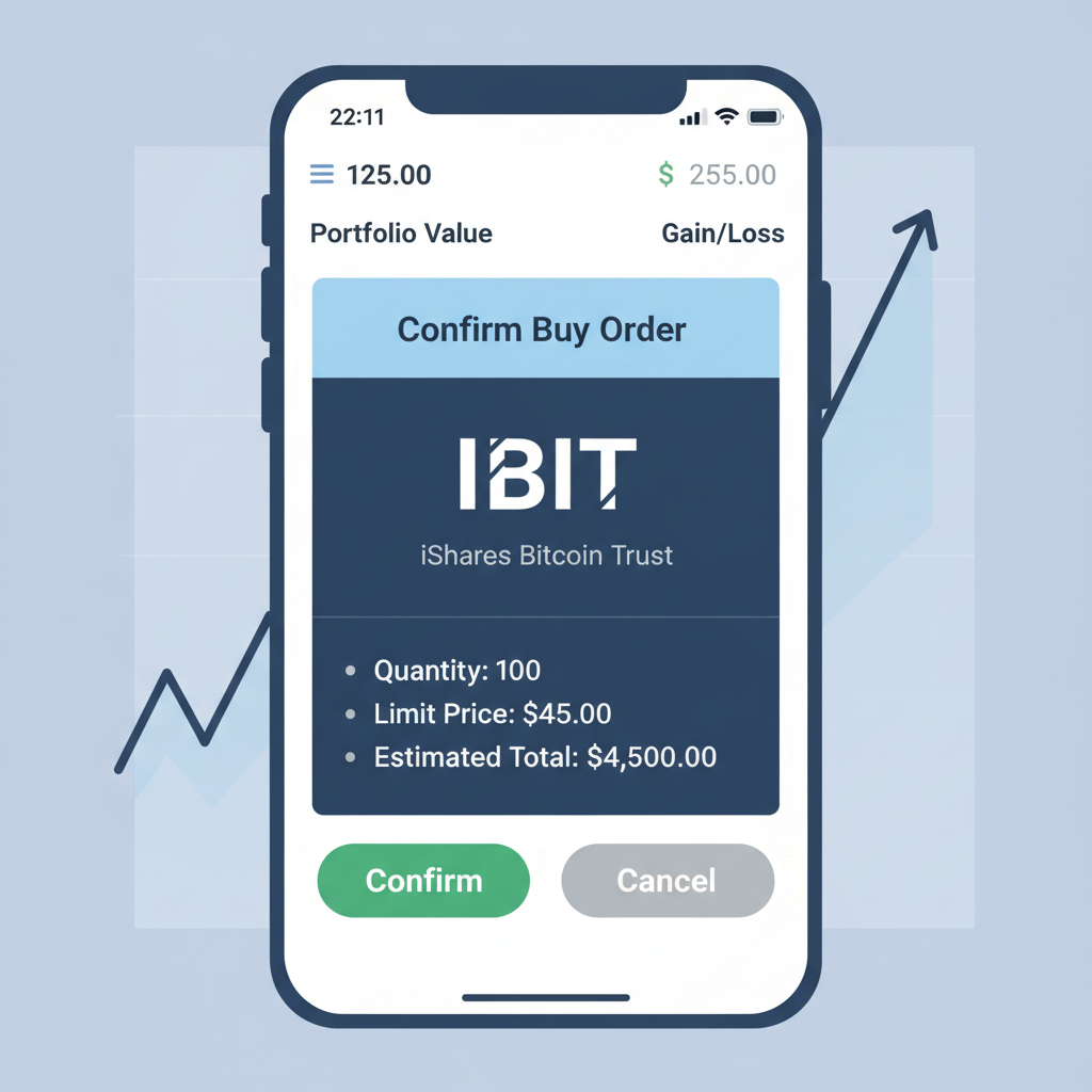 brokerage app screen with IBIT buy order confirmation dialog
