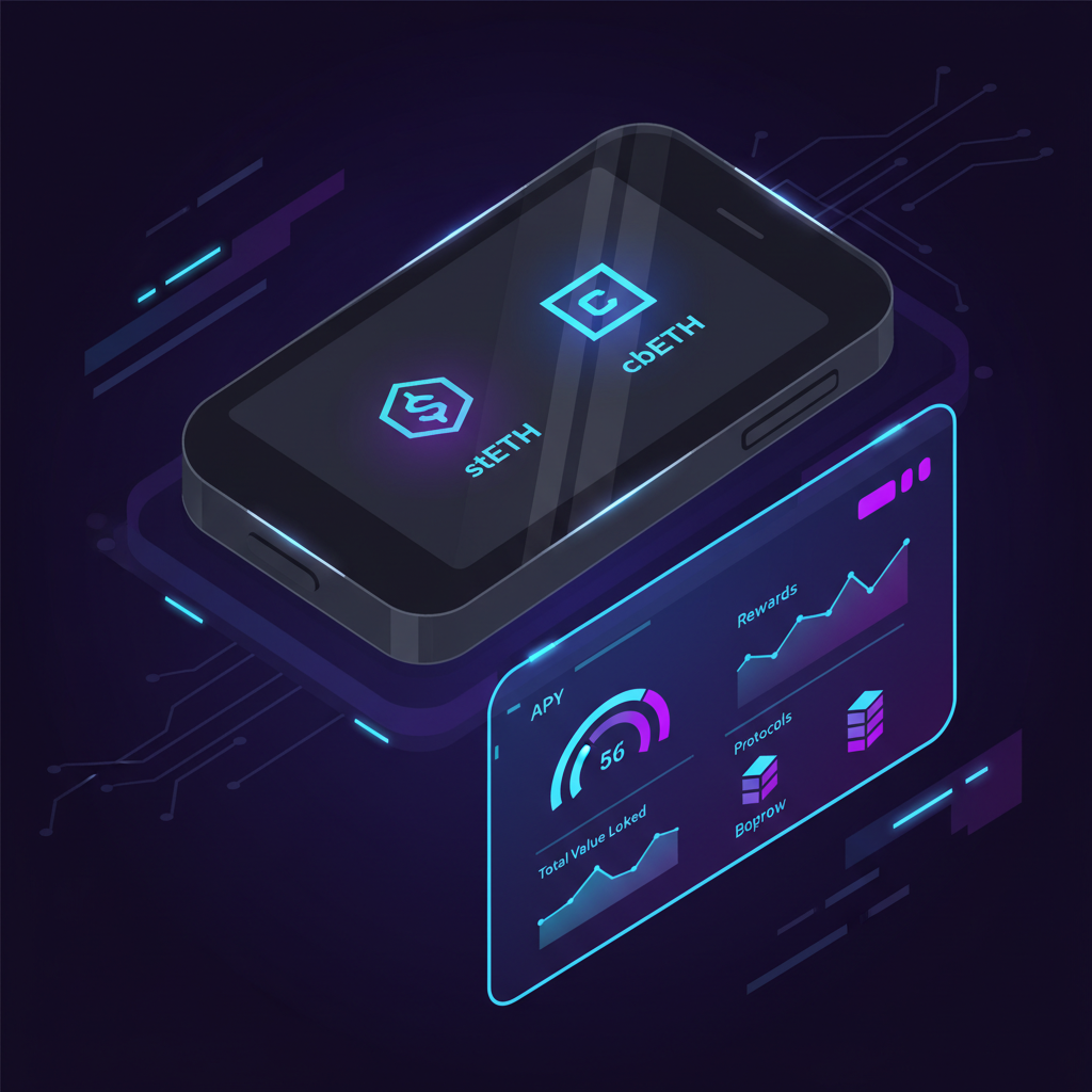 sleek crypto wallet glowing with stETH and cbETH tokens, futuristic DeFi dashboard, neon blues and purples, cyberpunk vibe