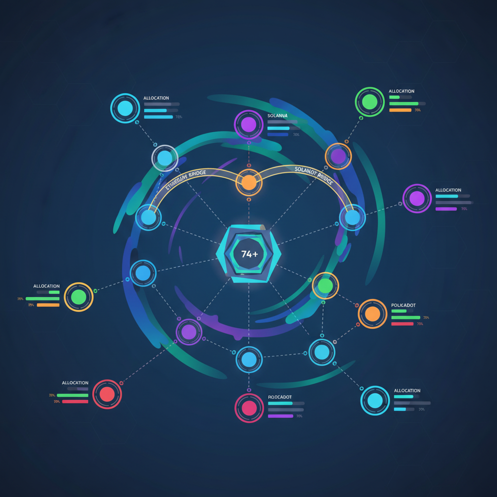 multi-chain network map with allocation bars, bridges connecting glowing nodes, 74+ chains visualized, energetic flow lines, digital art