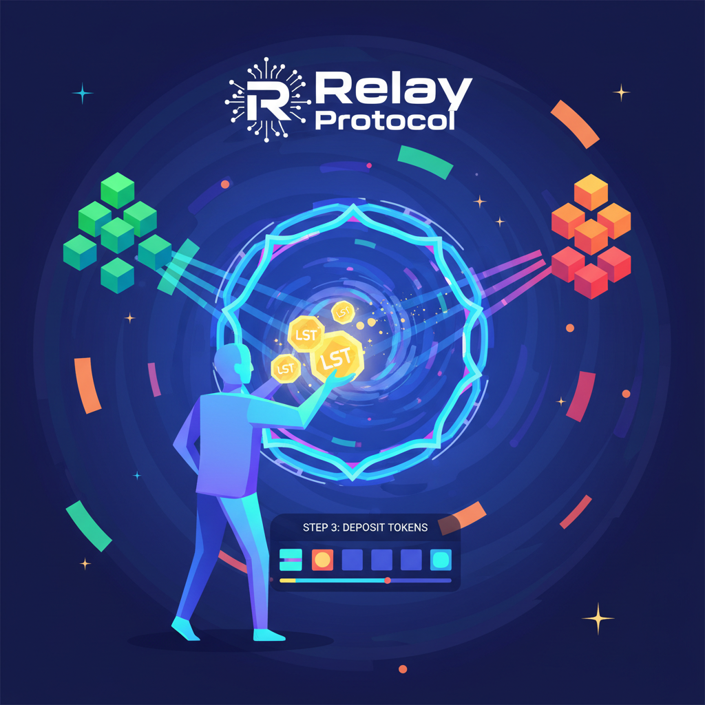 user depositing glowing LST tokens into a cosmic bridge portal, Relay Protocol logo, vibrant energy beams connecting chains, sci-fi style