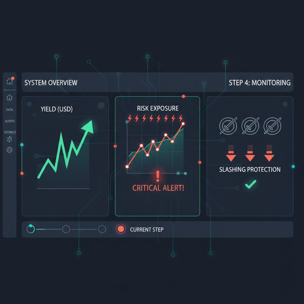 monitoring dashboard with yield charts spiking, risk alerts flashing, slashing icons with shields, professional dark mode UI, high-tech graphs