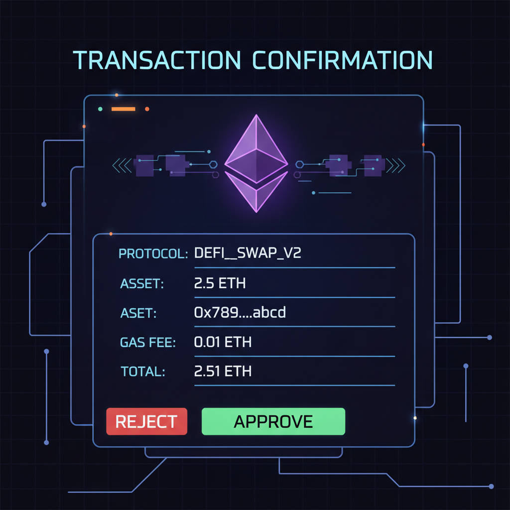 transaction confirmation screen with approve button, Ethereum transaction animation, cyberpunk style