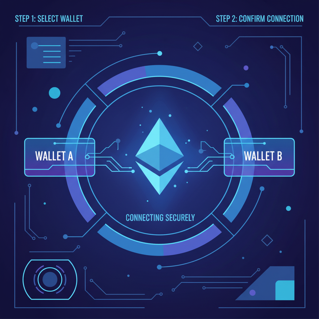 futuristic wallet connection interface with Ethereum logo glowing, sci-fi dashboard, neon blues and purples