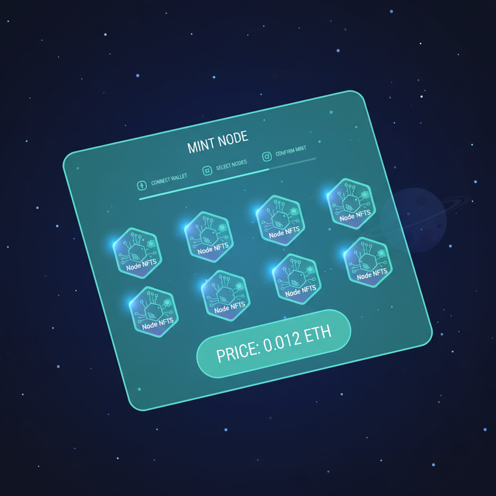 sleek sci-fi mint page on holographic screen showing Node NFTs grid, 0.012 ETH price tag, space background