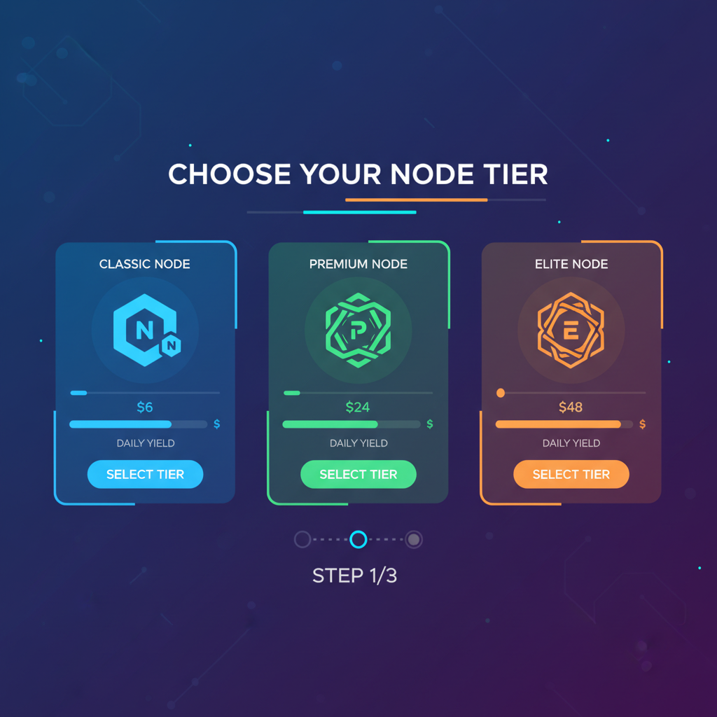 tier selection menu with Node NFTs tiers, yield bars from $6 to $48, futuristic UI elements