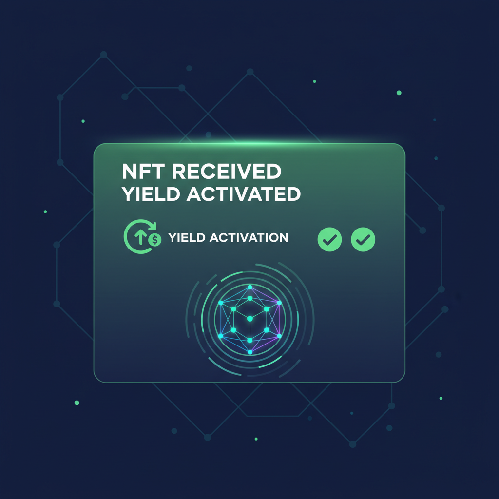 NFT received notification with yield activation icon, green checkmarks, space node pulsing with energy
