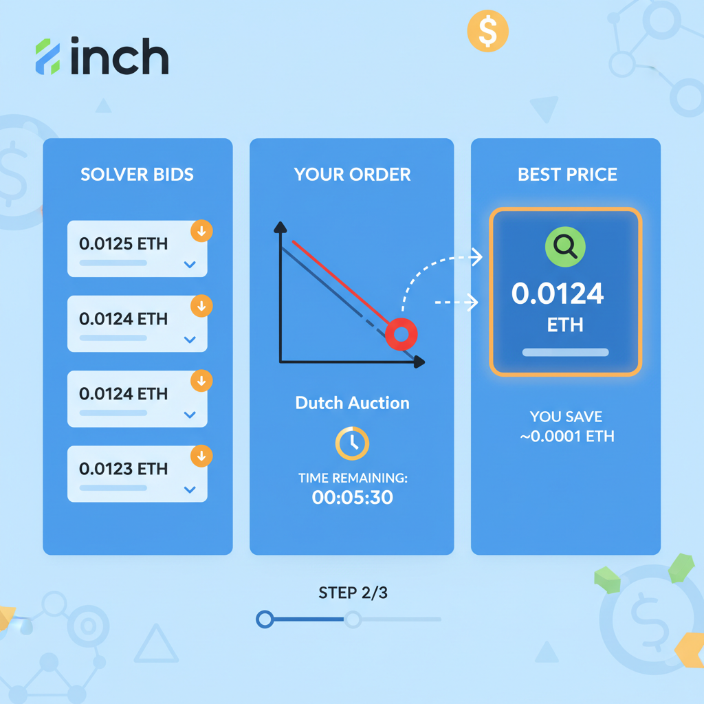 1inch Fusion solver bids comparison screen with Dutch auction highlights