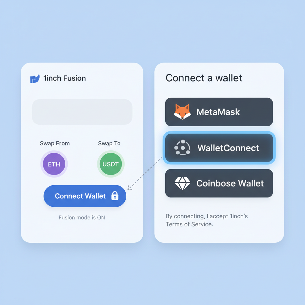 clean UI screenshot of connecting MetaMask wallet to 1inch Fusion swap interface