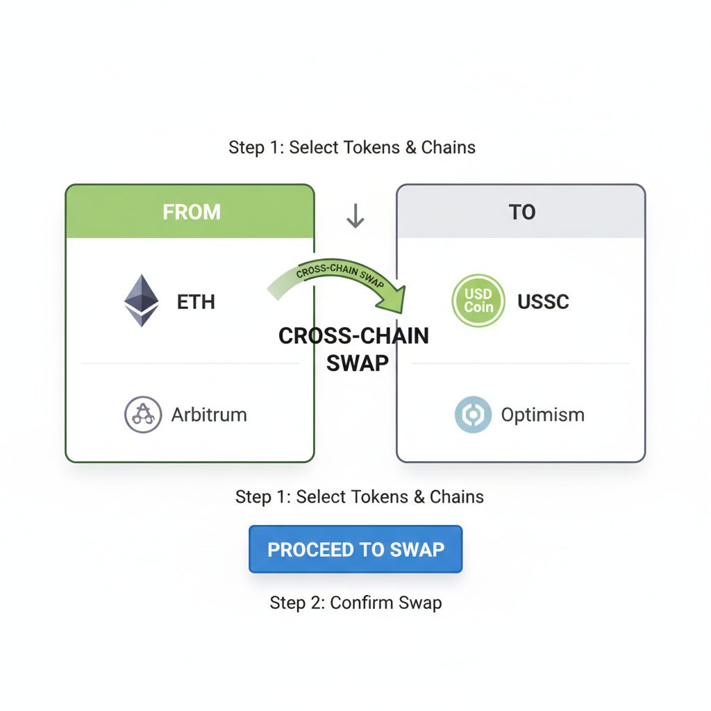 1inch Fusion interface selecting ETH on Arbitrum to USDC on Optimism cross-chain swap