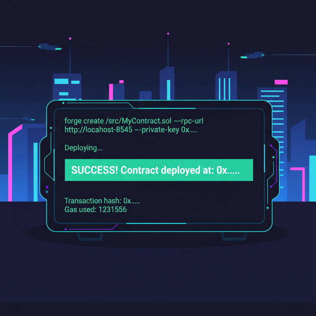 ethereum smart contract deployment on foundry anvil, code terminal, glowing green success, cyberpunk style
