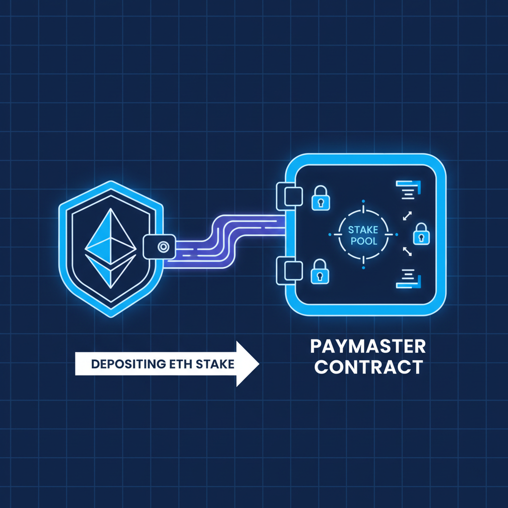 ethereum wallet depositing ETH stake to paymaster contract, glowing vault, security locks, neon blue tones
