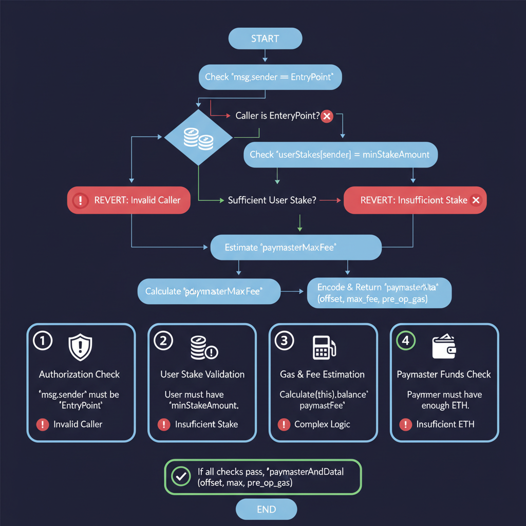 smart contract code for validatePaymasterUserOp function, flowchart validation logic, red warning icons for risks, dark mode