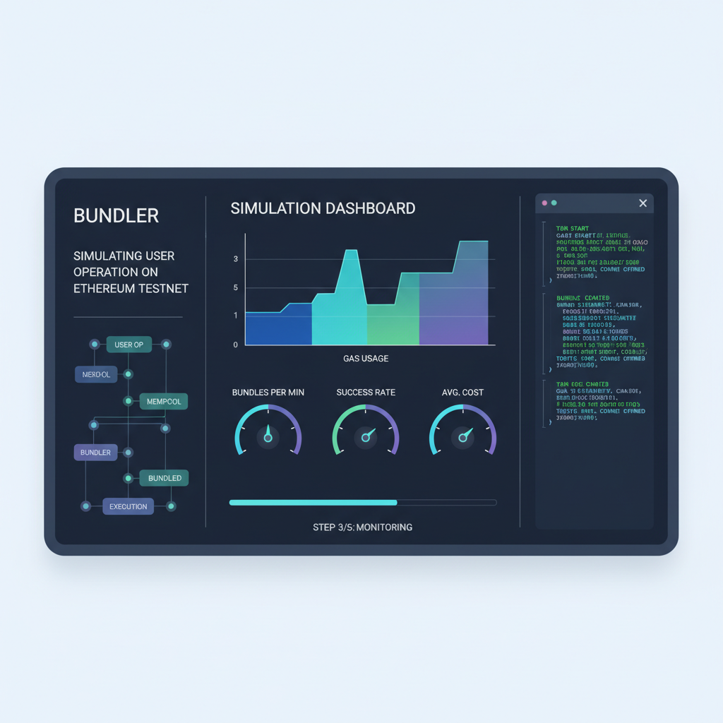 bundler simulating user operation on ethereum testnet, graphs of gas usage, simulation dashboard, futuristic UI