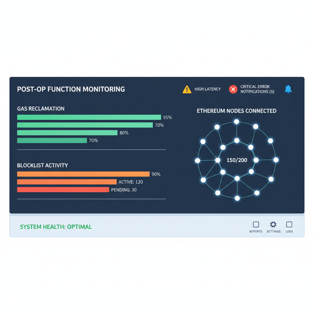 postOp function monitoring dashboard, charts of gas reclamation and blocklist, ethereum nodes connected, alert icons