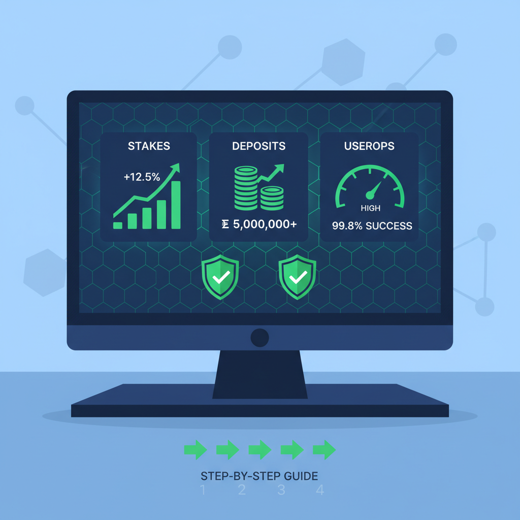 live ethereum paymaster dashboard monitoring stakes deposits userops, green metrics rising, security shields, cyber grid