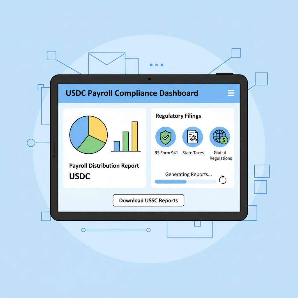automated compliance dashboard generating USDC payroll reports, charts and regulatory icons
