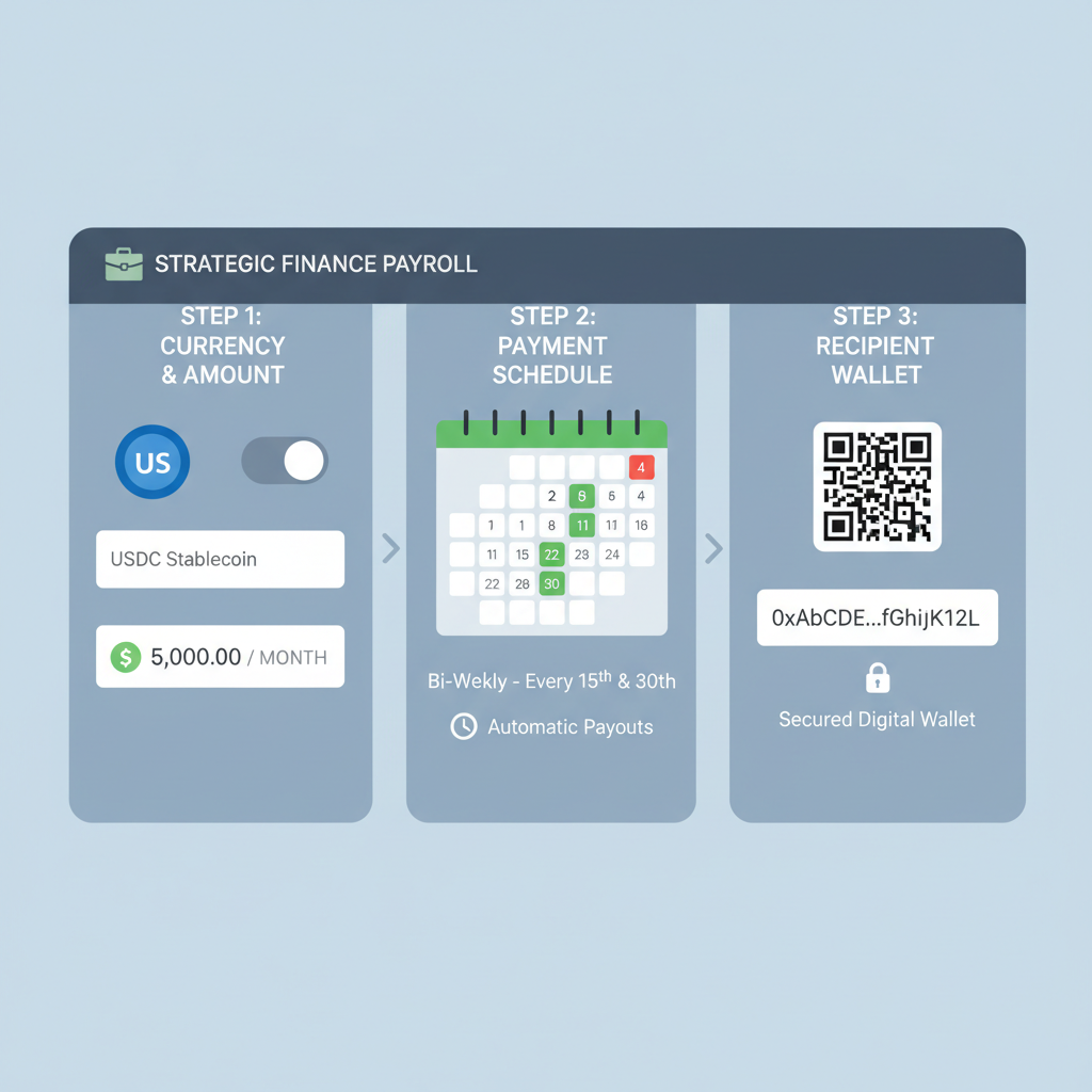 configuring USDC salary settings on payroll dashboard, calendar schedules and wallet addresses, strategic finance vibe